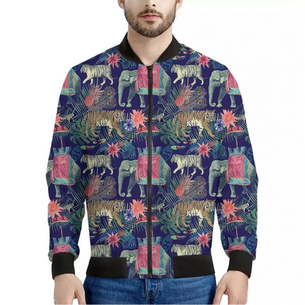Asian Elephant And Tiger Print Bomber Jacket