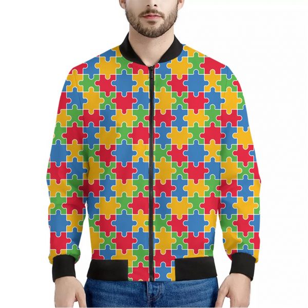 Autism Awareness Jigsaw Pattern Print Bomber Jacket