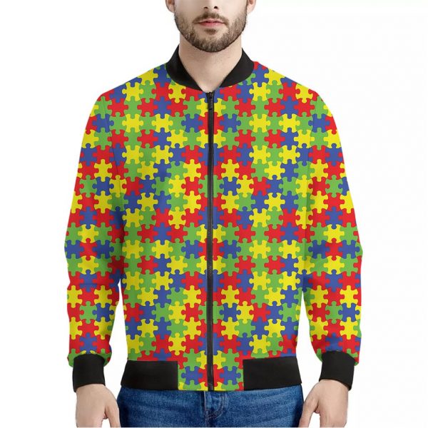 Autism Awareness Puzzle Pattern Print Bomber Jacket