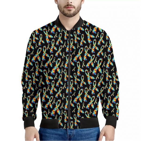 Autism Awareness Ribbon Pattern Print Bomber Jacket