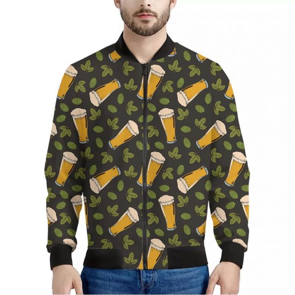 Beer Hop Cone And Leaf Pattern Print Bomber Jacket