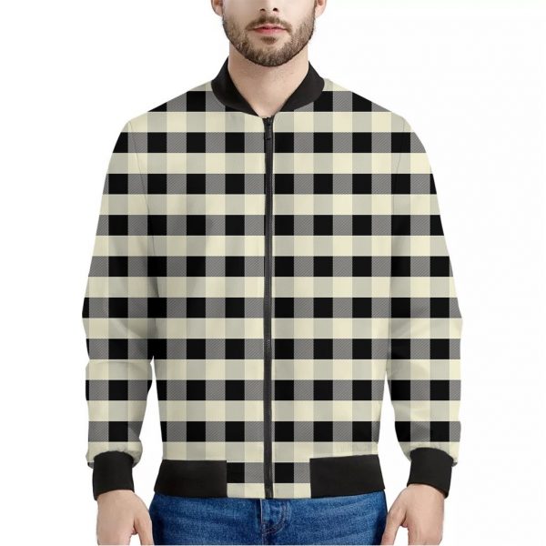 Beige And Black Buffalo Check Print Bomber Jacket