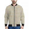 Beige And White Gingham Pattern Print Bomber Jacket