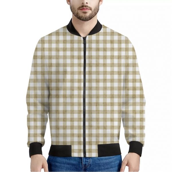 Beige And White Gingham Pattern Print Bomber Jacket