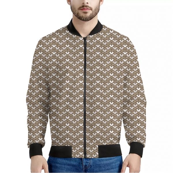 Beige And White Knitted Pattern Print Bomber Jacket