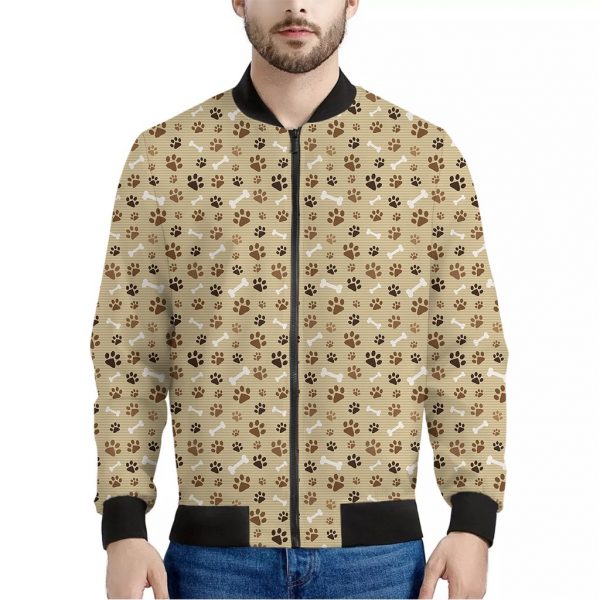 Beige Paw And Bone Pattern Print Bomber Jacket