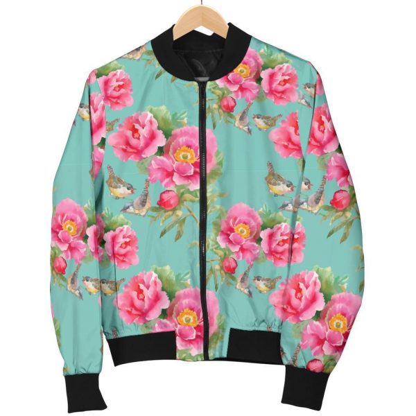 Bird Pink Floral Flower Pattern Print Bomber Jacket