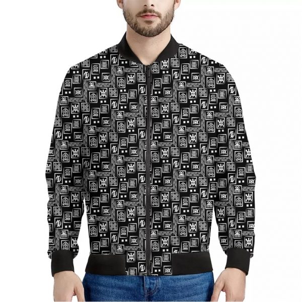 Black Adinkra Symbols Pattern Print Bomber Jacket
