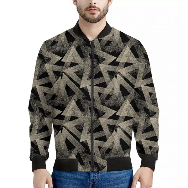 Black And Beige Geometric Triangle Print Bomber Jacket