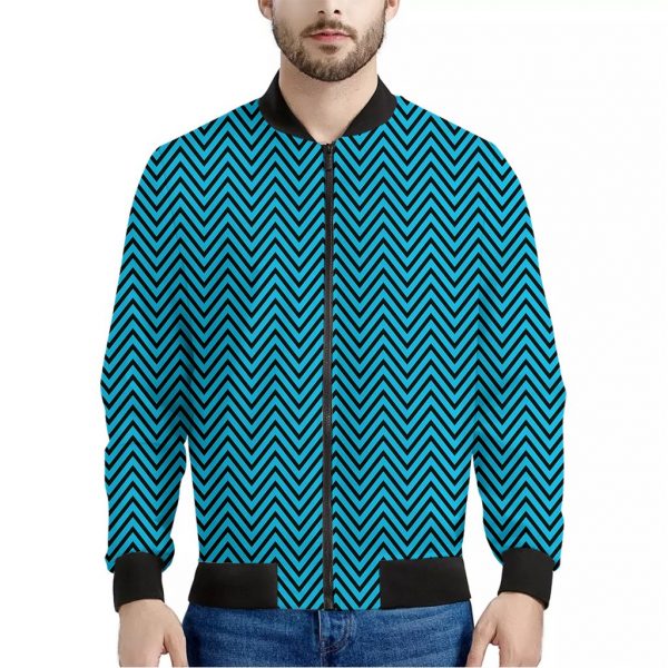 Black And Blue Chevron Pattern Print Bomber Jacket