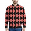 Black And Coral Argyle Pattern Print Bomber Jacket