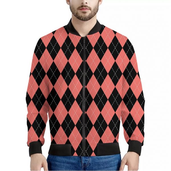 Black And Coral Argyle Pattern Print Bomber Jacket