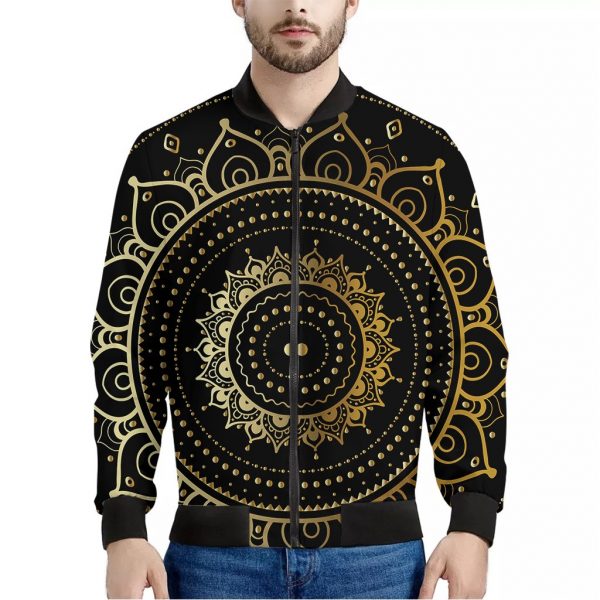 Black And Gold Mandala Print Bomber Jacket