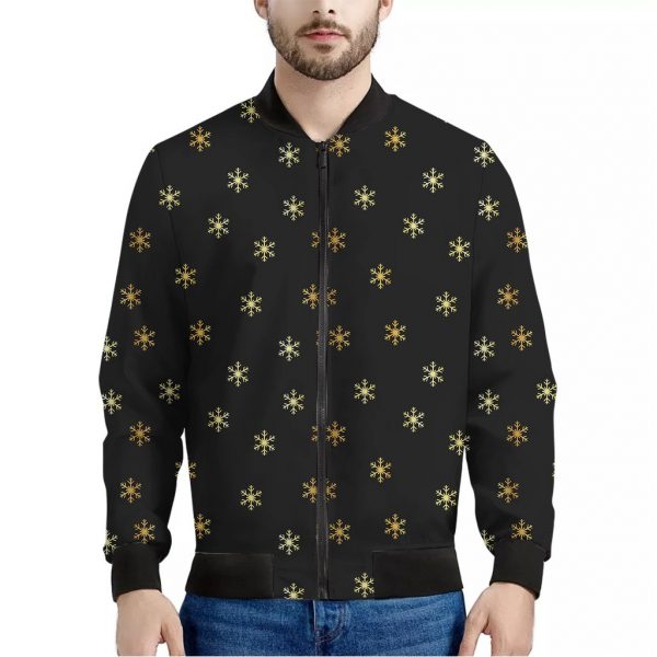 Black And Gold Snowflake Pattern Print Bomber Jacket
