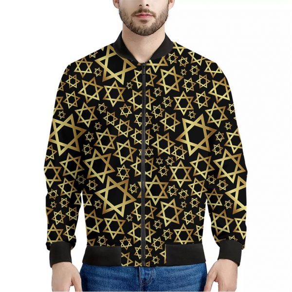 Black And Gold Star of David Print Bomber Jacket