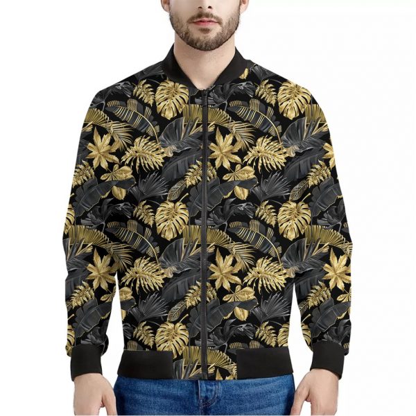 Black And Gold Tropical Pattern Print Bomber Jacket