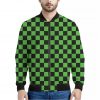 Black And Green Checkered Print Bomber Jacket