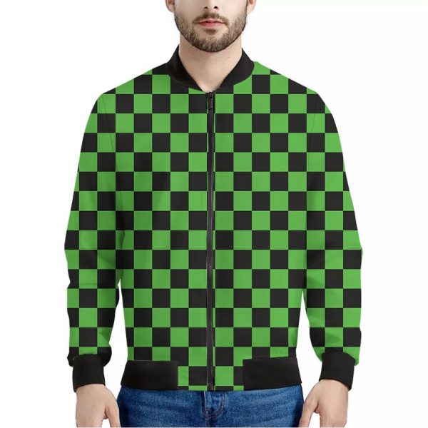 Black And Green Checkered Print Bomber Jacket