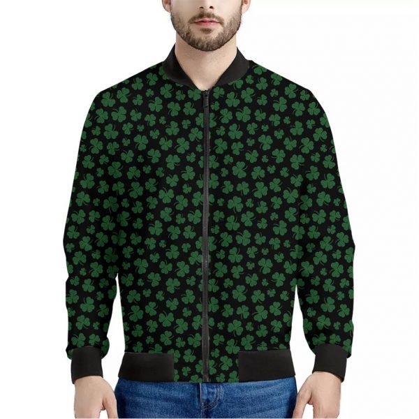 Black And Green Shamrock Pattern Print Bomber Jacket