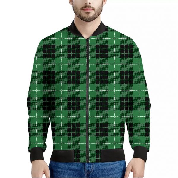 Black And Green Tartan Pattern Print Bomber Jacket