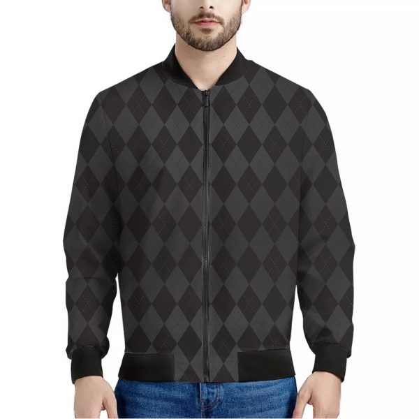 Black And Grey Argyle Pattern Print Bomber Jacket