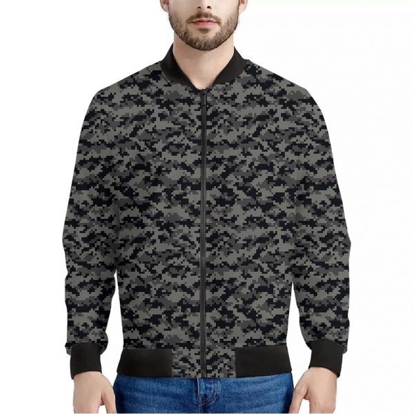 Black And Grey Digital Camo Print Bomber Jacket