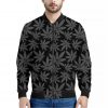 Black And Grey Pot Leaf Pattern Print Bomber Jacket
