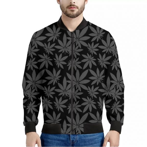 Black And Grey Pot Leaf Pattern Print Bomber Jacket