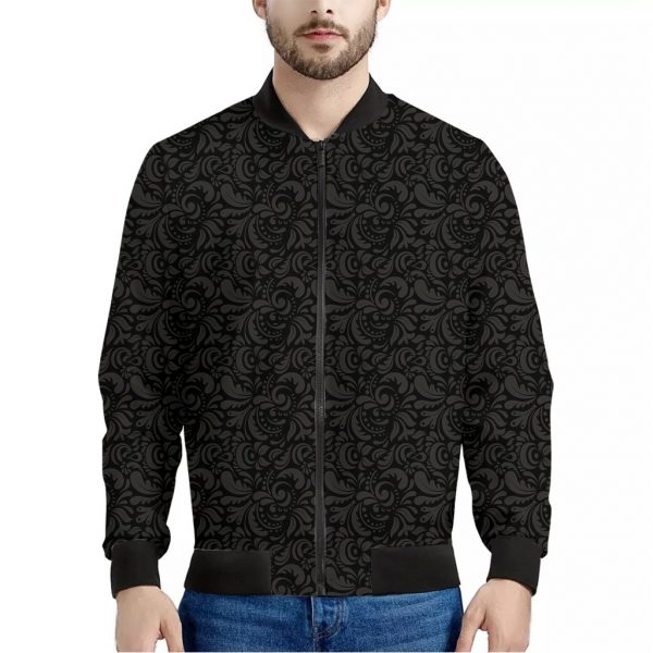 Black And Grey Western Floral Print Bomber Jacket