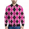 Black And Pink Argyle Pattern Print Bomber Jacket