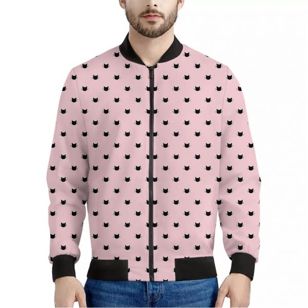Black And Pink Cat Pattern Print Bomber Jacket
