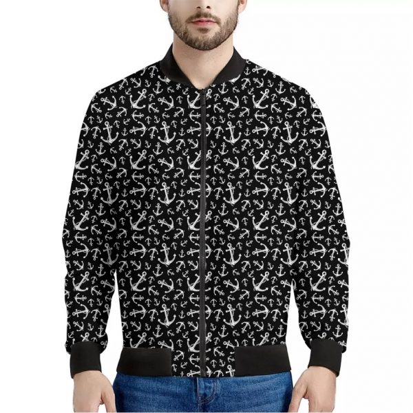 Black And White Anchor Pattern Print Bomber Jacket