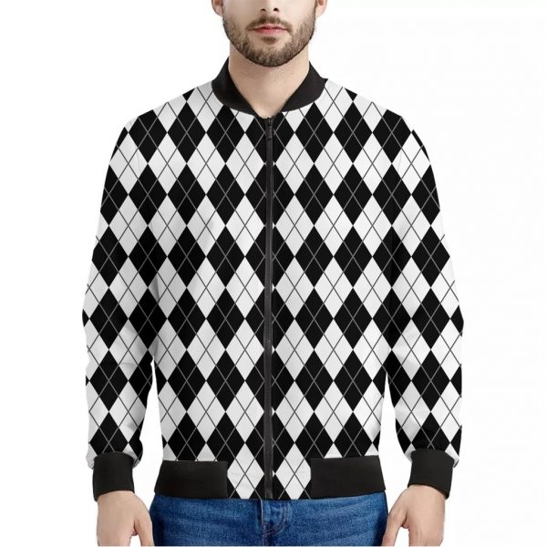 Black And White Argyle Pattern Print Bomber Jacket