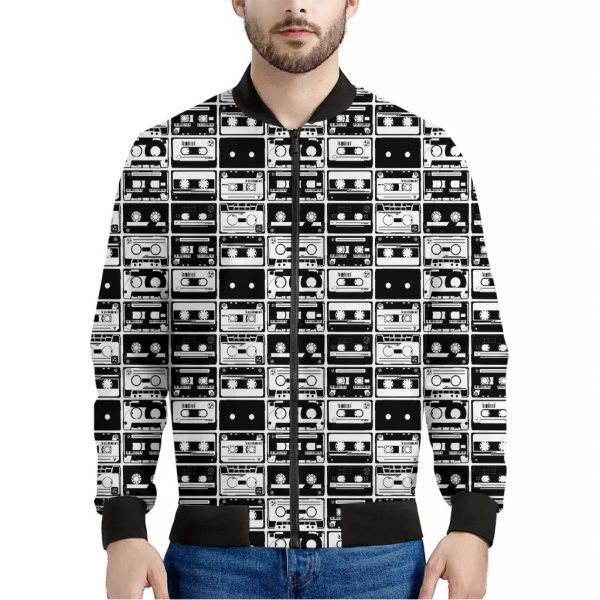 Black And White Cassette Tape Print Bomber Jacket