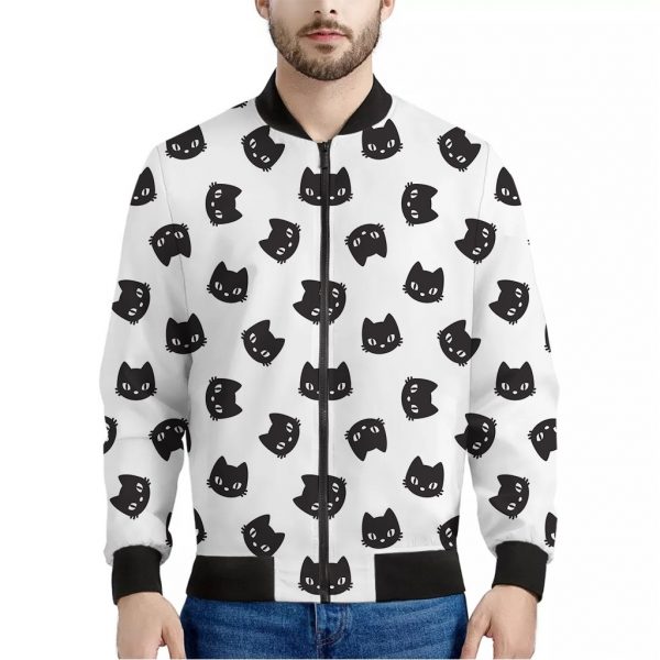 Black And White Cat Pattern Print Bomber Jacket