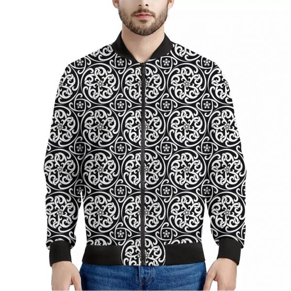 Black And White Celtic Pattern Print Bomber Jacket