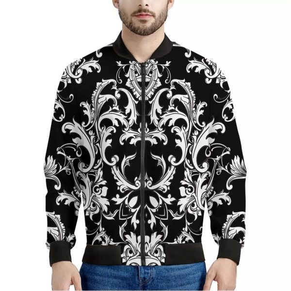 Black And White Damask Pattern Print Bomber Jacket