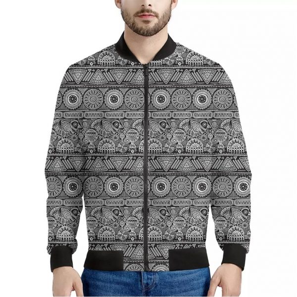 Black And White Ethnic Pattern Print Bomber Jacket