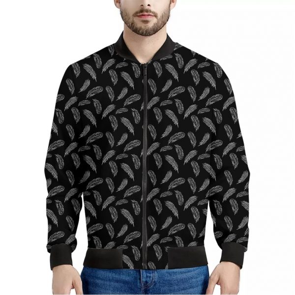 Black And White Feather Pattern Print Bomber Jacket