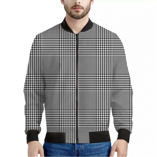 Black And White Glen Plaid Print Bomber Jacket