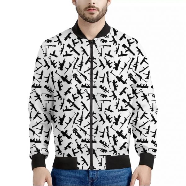 Black And White Guns Pattern Print Bomber Jacket