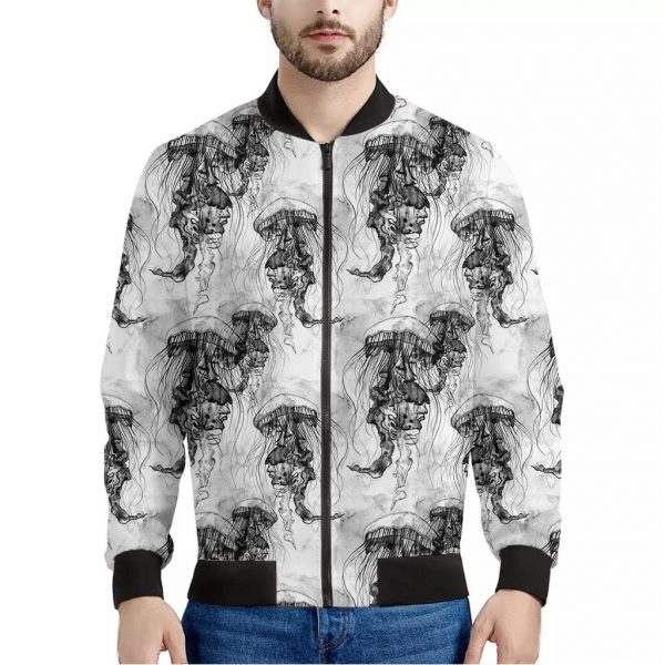 Black And White Jellyfish Pattern Print Bomber Jacket