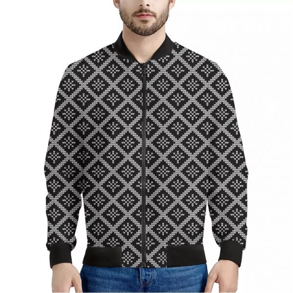 Black And White Knitted Pattern Print Bomber Jacket