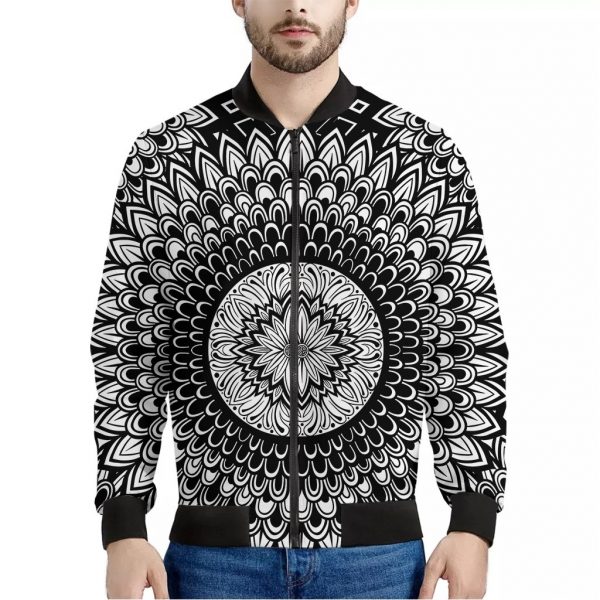 Black And White Mandala Print Bomber Jacket