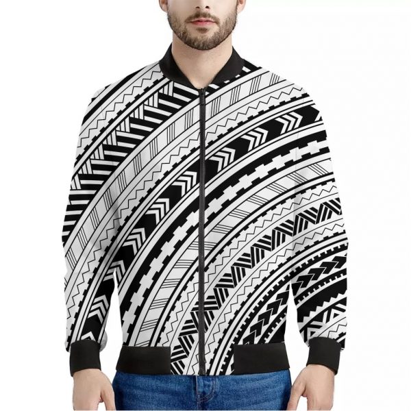 Black And White Maori Polynesian Print Bomber Jacket