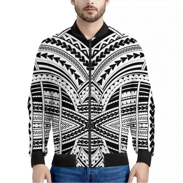 Black And White Maori Tribal Print Bomber Jacket