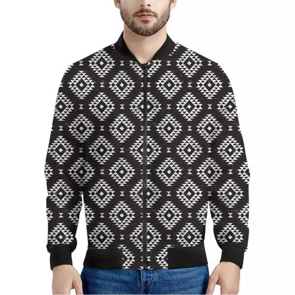 Black And White Navajo Pattern Print Bomber Jacket