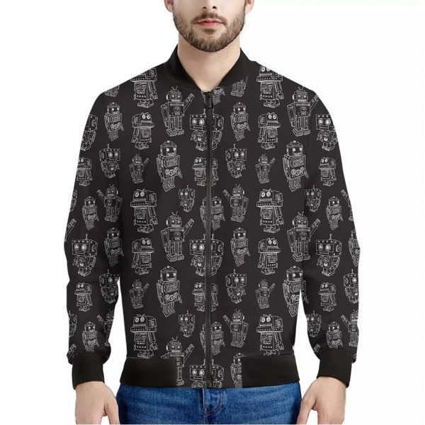 Black And White Robot Pattern Print Bomber Jacket
