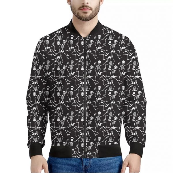 Black And White Skeleton Pattern Print Bomber Jacket