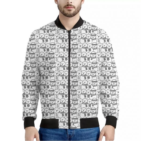 Black And White Snowman Pattern Print Bomber Jacket
